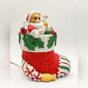 Vintage Christmas Lamp Night Light Santa Bear Stocking Candy Canes 1998 7" Tall.